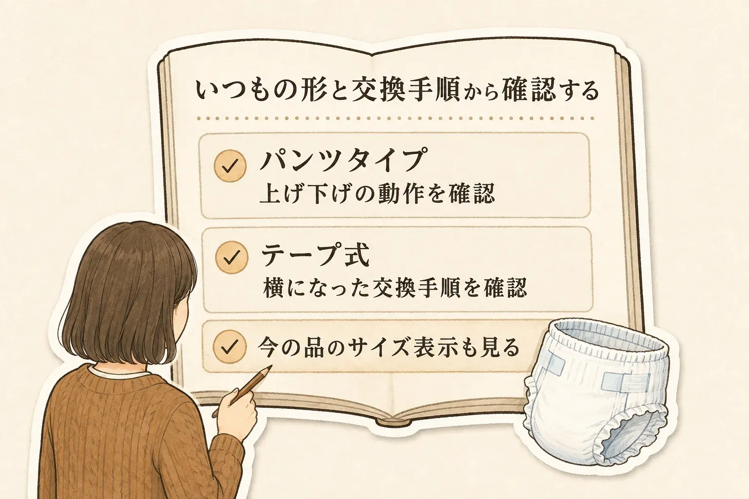 普段の大人用おむつの形と交換手順を確認する図。パンツタイプは上げ下げの動作、テープ式は横になったままの交換手順、どちらも現在使っている商品のサイズ表示を確認するよう示している