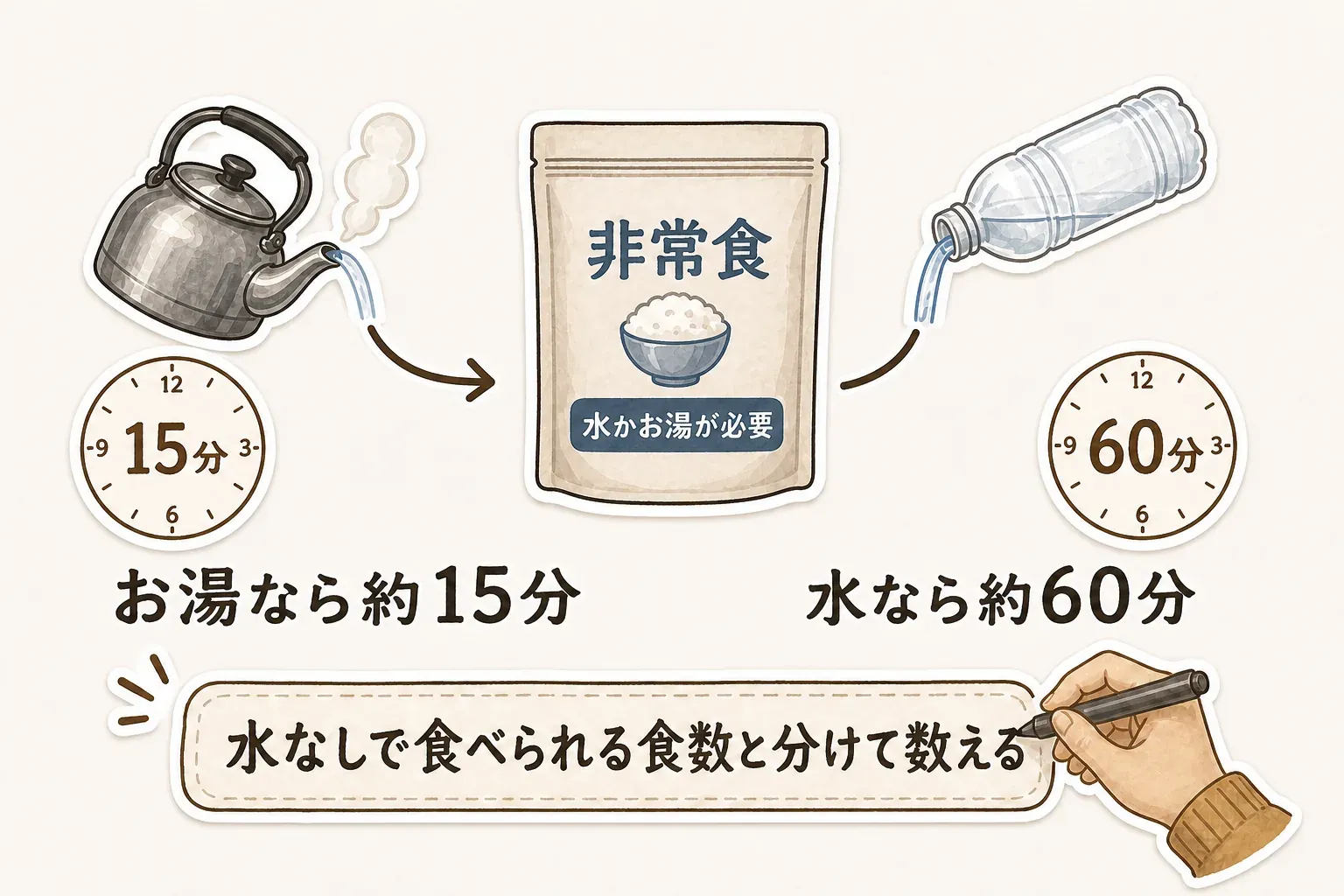 アレルギー対応の安心米は水またはお湯が必要で、熱湯では約15分、水では約60分待つことを示す図。開封してすぐ食べられる食品とは別に数え、調理に必要な水と待ち時間を備蓄に見込むよう案内している