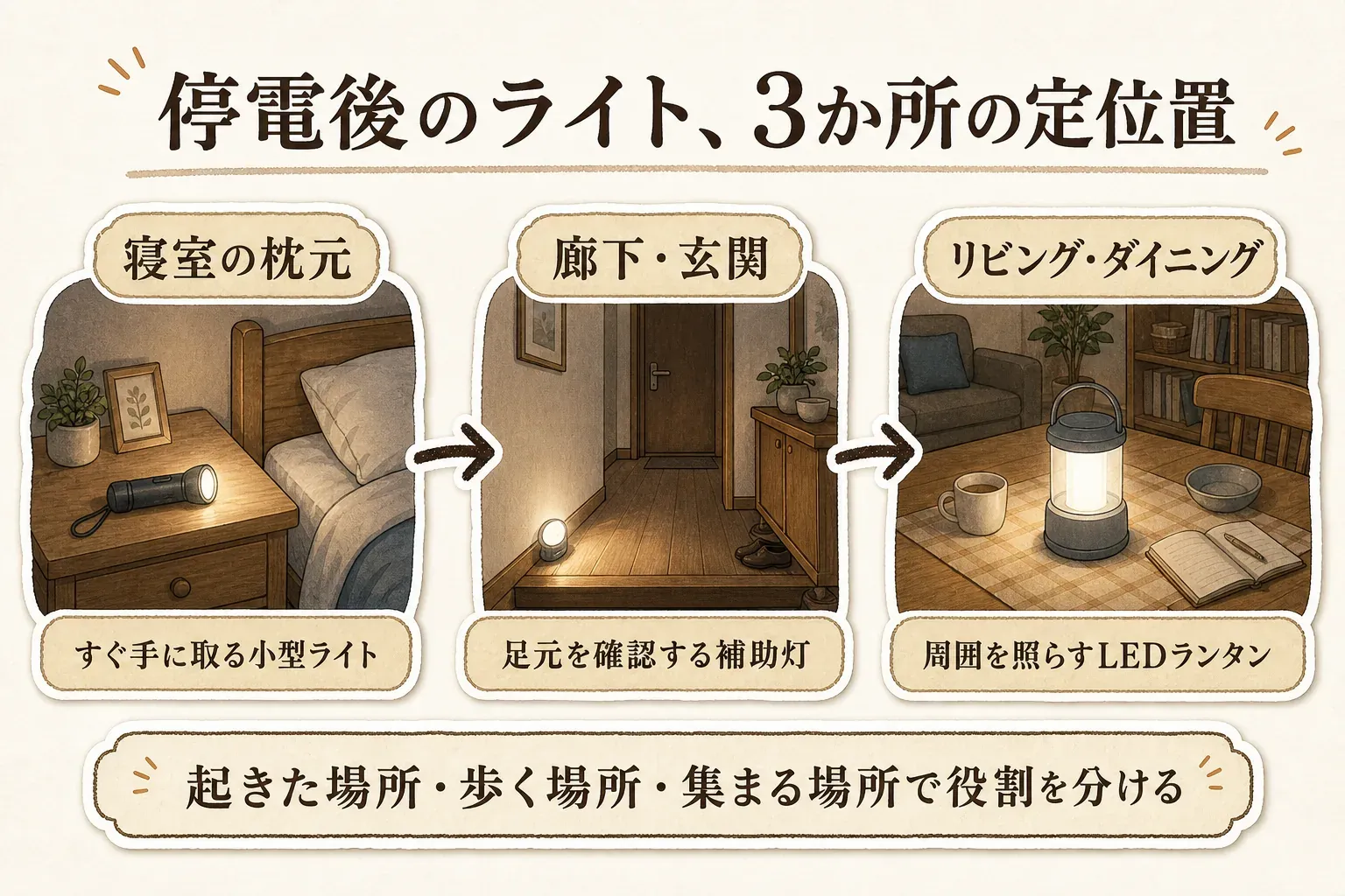 停電後の室内でライトを置く3つの役割を示す図。寝室の枕元にはすぐ持てる小型ライト、廊下や玄関には足元と歩行経路を確認する補助灯、リビングやダイニングには家族の手元と周囲を照らすLEDランタンを配置する。出典：内閣府、東京消防庁