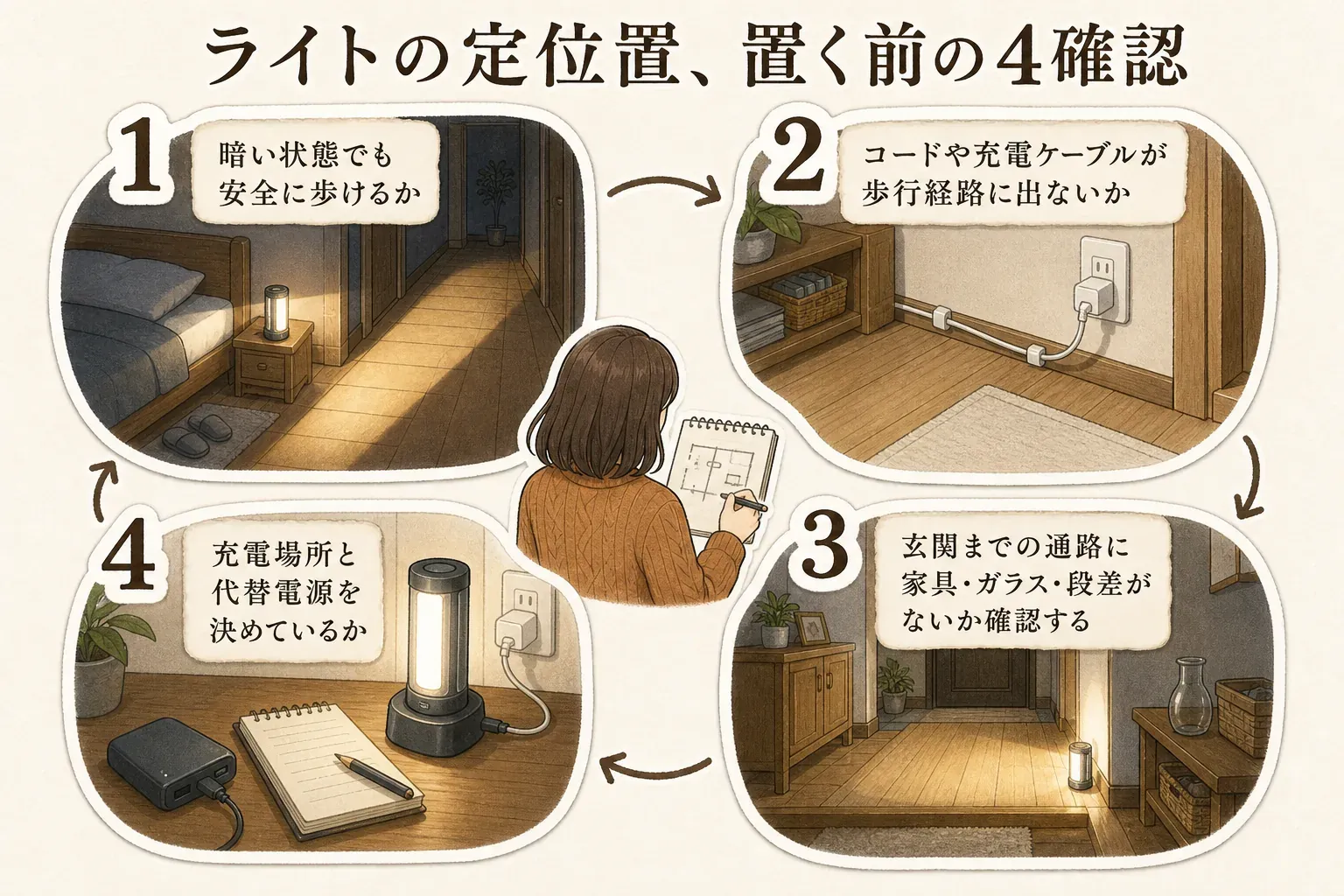 停電時にLEDランタンを安全に置くための確認図。寝室から定位置まで暗くても安全に歩けるか、コードや充電ケーブルが歩行経路に出ないか、玄関までの通路で家具・ガラス・段差を確認できるか、充電式ライトの代替電源を決めているかを確認する。出典：恵那市「地震への備え」