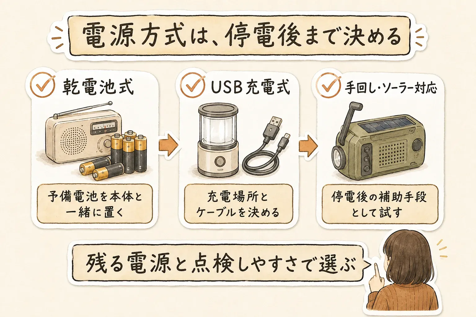 停電用LEDランタンの電源方式を確認する図。乾電池式は予備電池と液漏れ・残量、USB充電式は充電場所・ケーブル・完全放電、手回し・ソーラー対応は補助手段としての操作、複数電源対応は普段使いと非常用に残す電源を確認する。