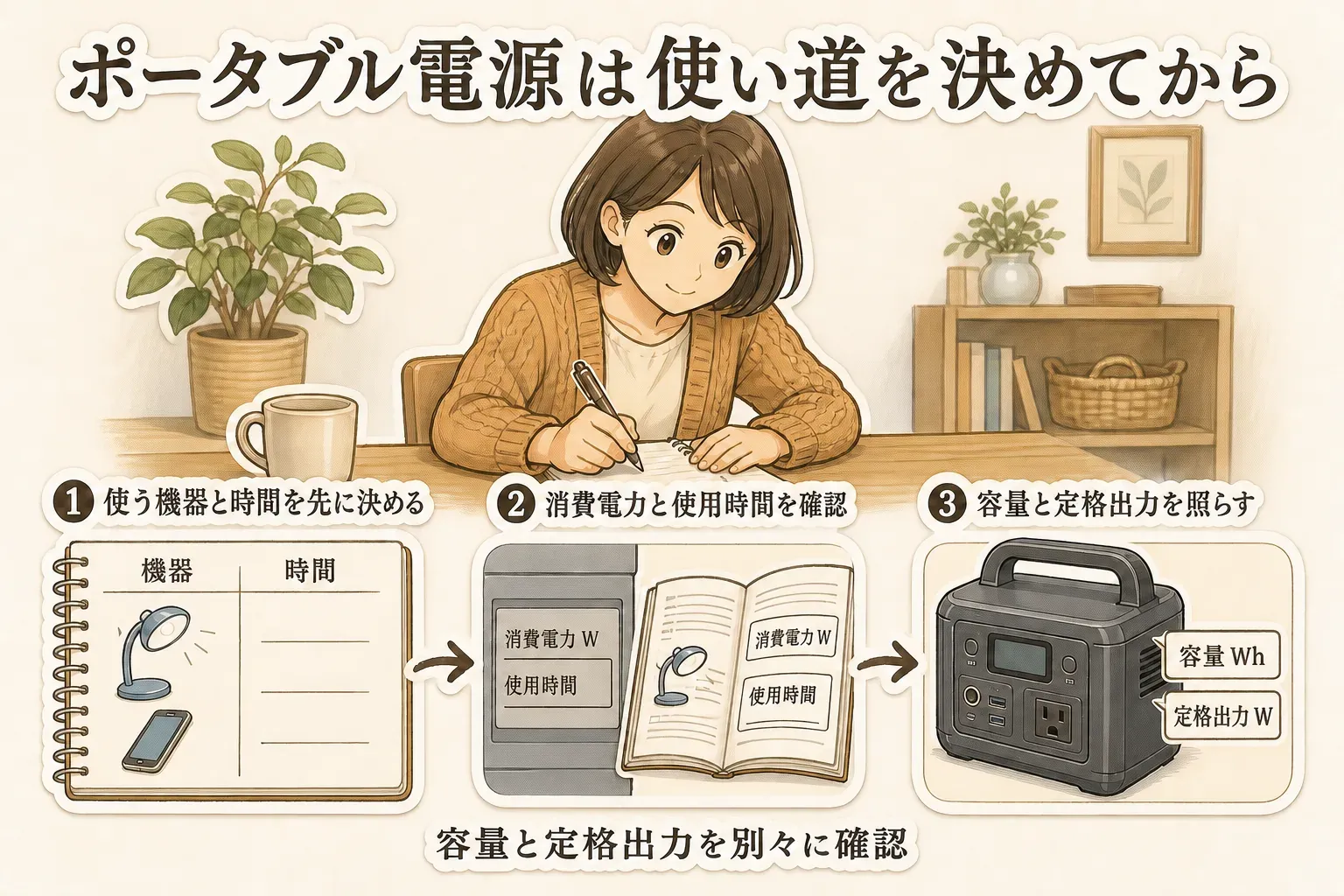 停電時のポータブル電源の使い方を確認する図。避難先・飲み水・日差し対策・電源不要の冷却用品を先に決めたうえで、連絡手段、照明、扇風機など使う機器と使用時間を挙げ、家電の消費電力と電源の定格出力・容量・取扱説明書を照らして確認する流れ