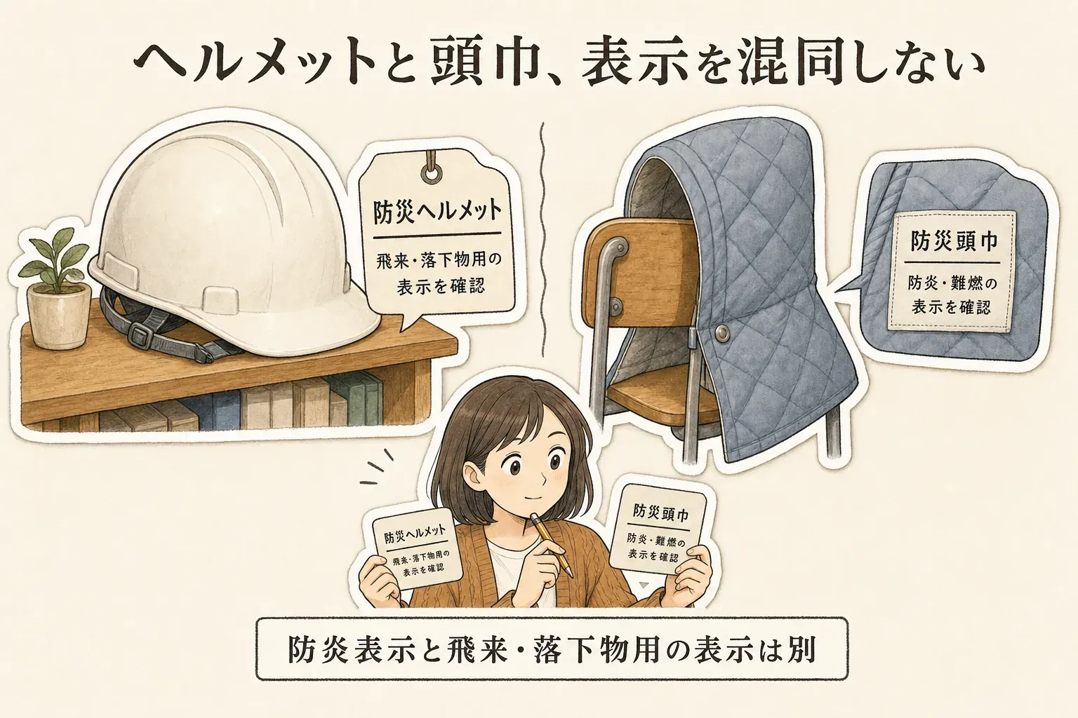 防災ヘルメットは飛来・落下物用の表示、防災頭巾は防炎・難燃の表示を確認し、防災表示と飛来・落下物用の表示を混同しないことを示す図