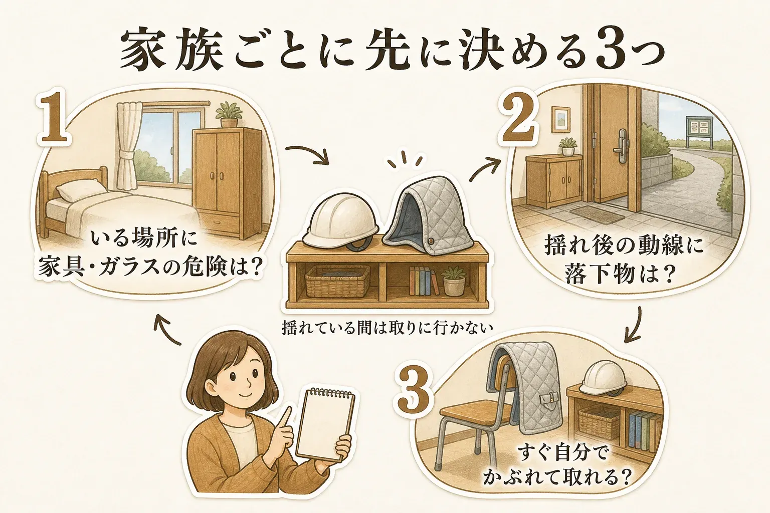 家族ごとに頭部保護を決める際の3つの確認点を示す図。1は寝室の家具やガラスなど、いる場所の危険、2は玄関から屋外へ出る揺れ後の動線にある落下物、3はヘルメットや防災頭巾をすぐ自分でかぶれて取れる保管場所であり、揺れている間は取りに行かないことを示している