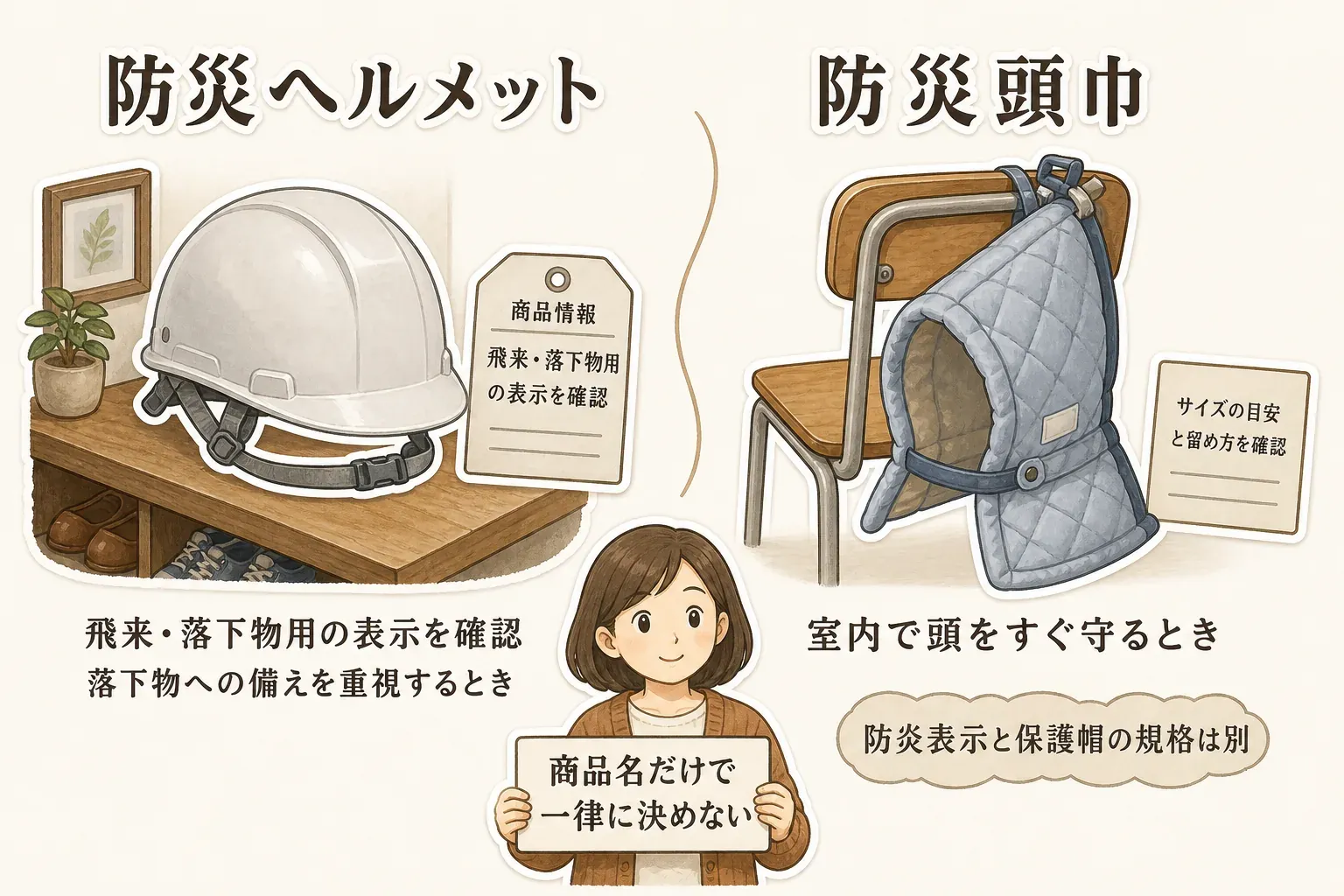防災ヘルメットと防災頭巾の役割を比較する図。ヘルメットは飛来・落下物用の表示を確認し落下物への備えを重視するとき、防災頭巾は室内で頭をすぐ守るときに使い、頭巾の防炎表示と保護帽の規格は別であること、商品名だけで一律に決めないことを示している