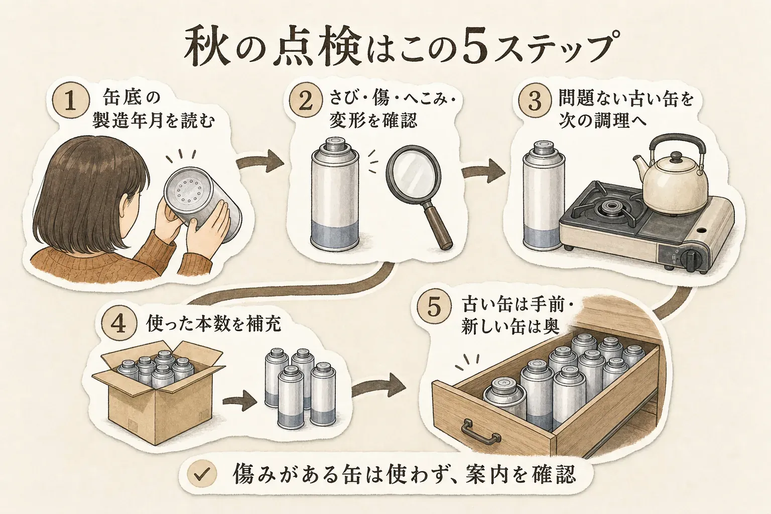 秋のカセットボンベ点検の5ステップを示す図。缶底の製造年月を読み、さび・傷・へこみ・変形を確認し、問題のない古い缶を次の調理に使い、使用本数を補充して、古い缶を手前・新しい缶を奥に置く。傷みがある缶は使わず案内を確認する。出典：一般社団法人 日本ガス石油機器工業会