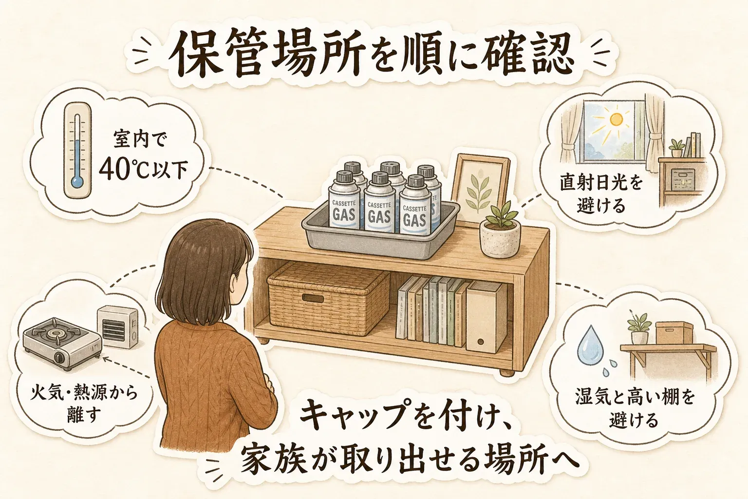 カセットボンベの保管場所の確認項目を示す図。室内で40℃以下を保ち、直射日光、火気・熱源、湿気、高い棚を避け、キャップを付けて家族が取り出せる低い収納場所に置く。出典：一般社団法人 日本ガス石油機器工業会