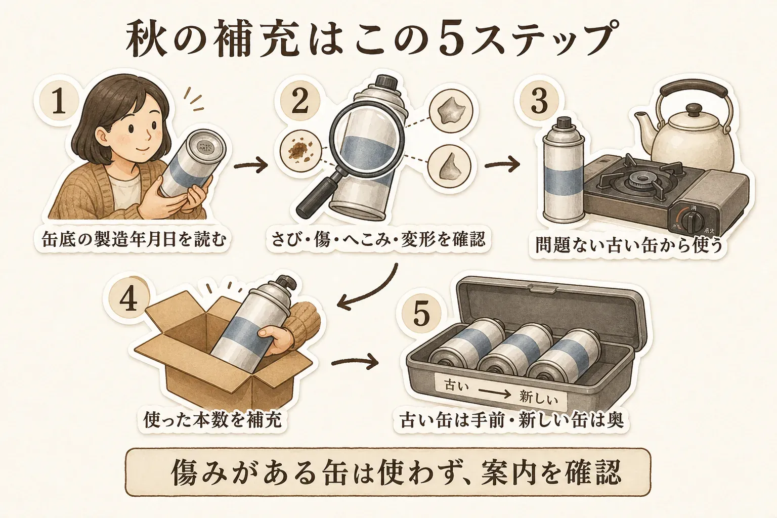 秋のカセットボンベ補充を5段階で示す図。缶底の製造年月日を読み、さび・傷・へこみ・変形を確認し、問題のない古い缶から日常使いし、使った本数を補充して、古い缶を手前・新しい缶を奥に並べる。傷みがある缶は使わず案内を確認するよう示している