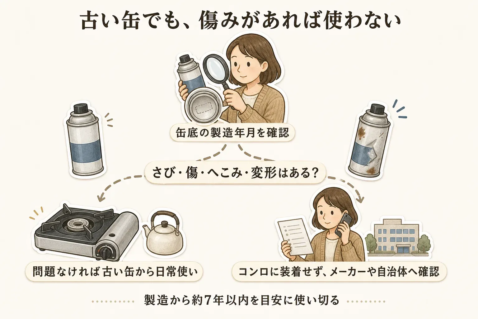 古いカセットボンベの点検を示す図。缶底の製造年月を確認し、さび・傷・へこみ・変形がなければ古い缶から日常使いする。傷みがあればコンロに装着せず、メーカーや自治体へ確認する。製造から約7年以内を目安に使い切ることを示している