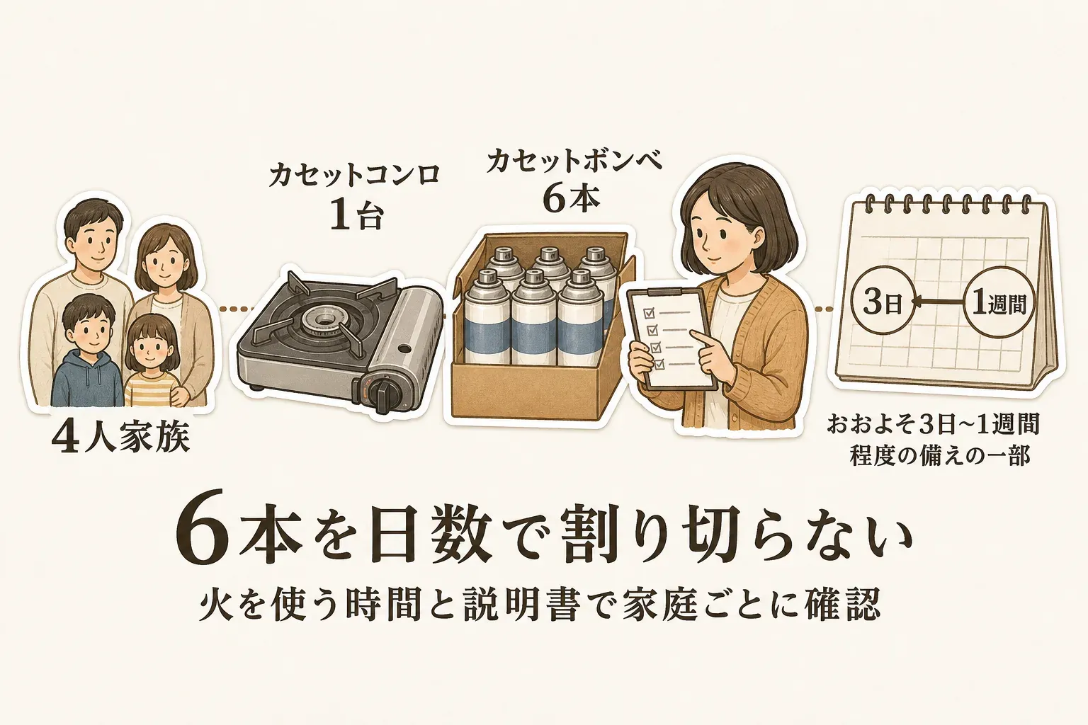 東京都の4人家族モデルの備えとして、カセットコンロ1台とカセットボンベ6本を示す図。おおよそ3日から1週間程度の備えの一部であり、6本を日数で割り切らず、火を使う時間と説明書を家庭ごとに確認するよう案内している。出典：東京都の備蓄ユニットリスト