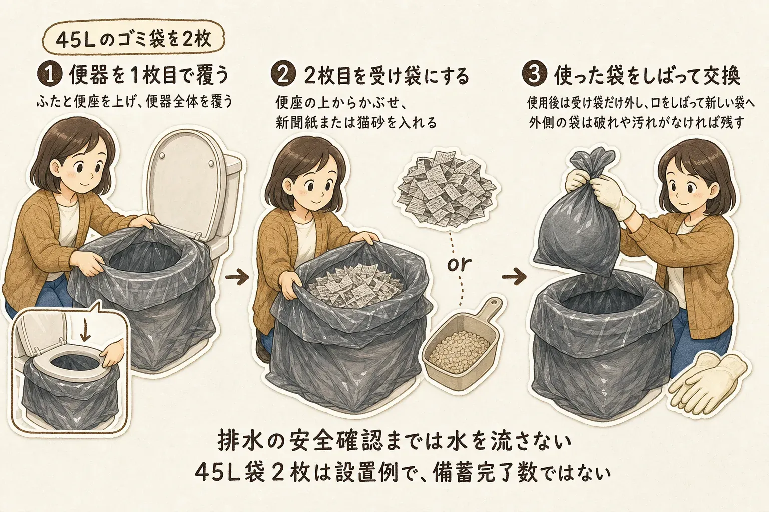 45Lのゴミ袋2枚を使う簡易トイレの手順。1枚目で便器全体を覆い、2枚目を受け袋にして新聞紙または猫砂を入れ、使用後は受け袋だけをしばって交換する。排水の安全確認までは水を流さない。高石市・東京都の案内をもとにした図