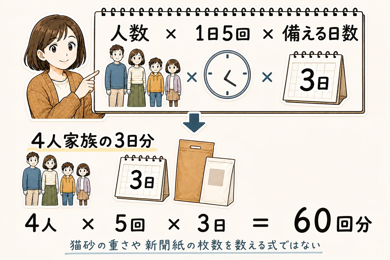 非常用トイレの必要回数を人数×1日5回×備える日数で計算する図。4人家族の3日分は4人×5回×3日＝60回分で、猫砂の重さや新聞紙の枚数を数える式ではない。出典は内閣府（防災担当）の避難所におけるトイレの確保・管理ガイドライン