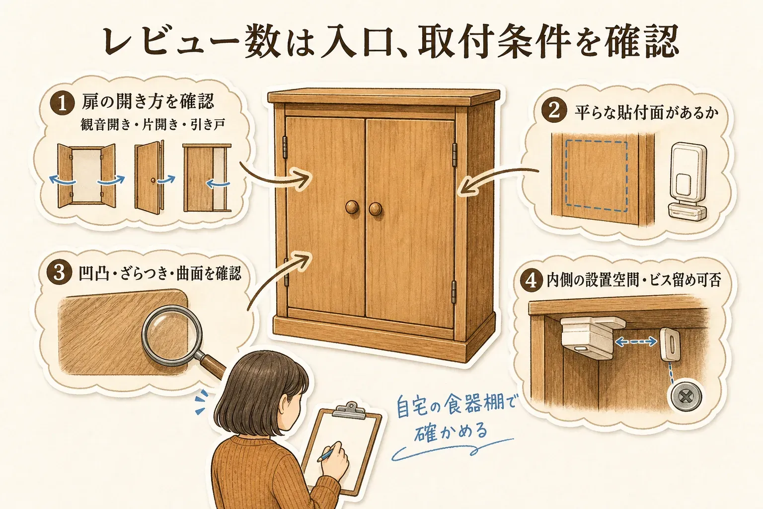 食器棚の扉ロックを選ぶ際の取付条件を示す図。観音開き・片開き・引き戸という扉の開き方、平らな貼付面の有無、凹凸・ざらつき・曲面、内側の設置スペースとビス留めの可否を自宅の食器棚で確認することを示している