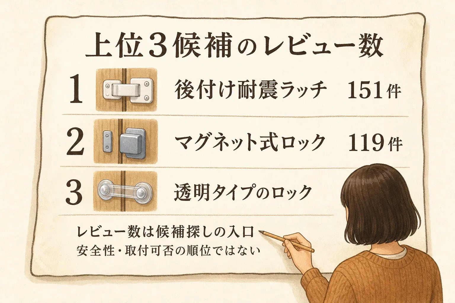 今回の上位3候補をレビュー数順に示す図。1位は後付け耐震ラッチ151件、2位はマグネット式ロック119件、3位は透明タイプのロック93件で、レビュー数は候補探しの入口であり安全性や取付可否の順位ではないことを示している