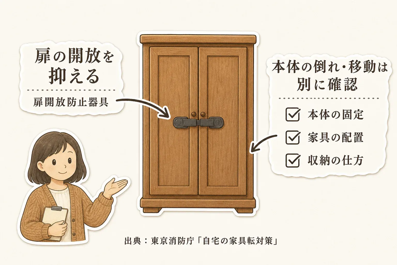 食器棚の扉開放防止器具と別に確認する対策を示す図。扉の開放を抑えるロックと、食器棚本体の固定、家具の配置、収納の仕方を分けて確認することを示す。出典：東京消防庁「自宅の家具転対策」