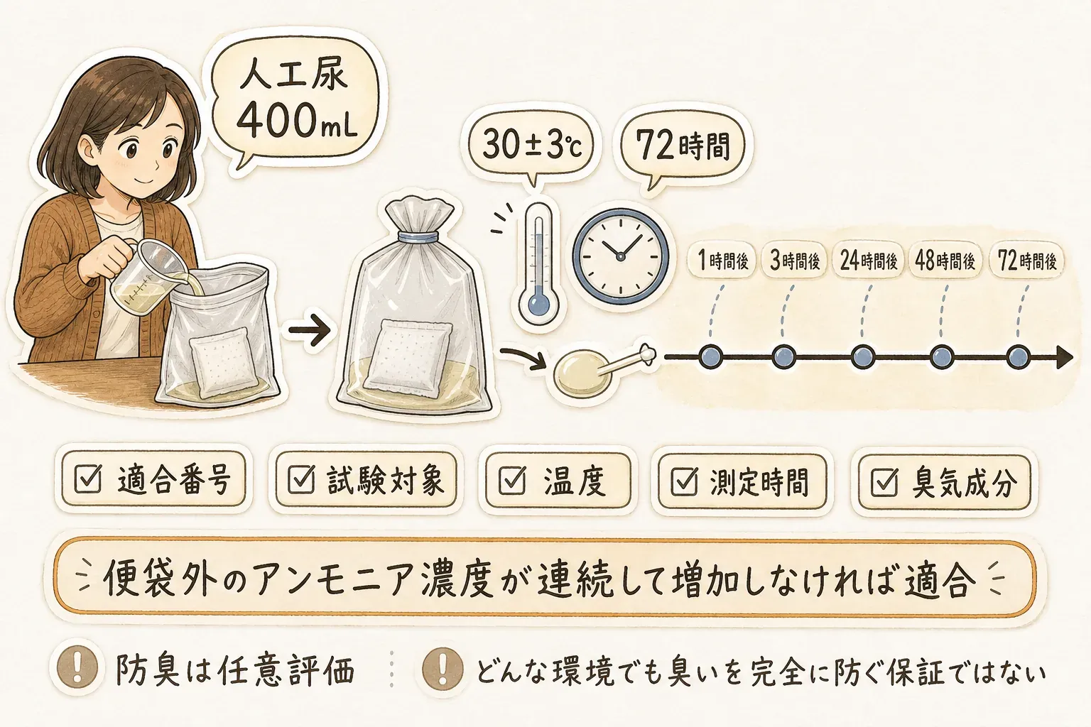 携帯トイレ規格の防臭試験として、吸収剤入りの便袋に人工尿400mLを加えて密閉し、30±3℃で72時間保管して、1・3・24・48・72時間後に便袋外のアンモニア濃度を測定する流れを示す図。適合番号、試験対象、温度、測定時間、臭気成分を確認し、防臭は任意評価で完全な臭い防止の保証ではないと案内している