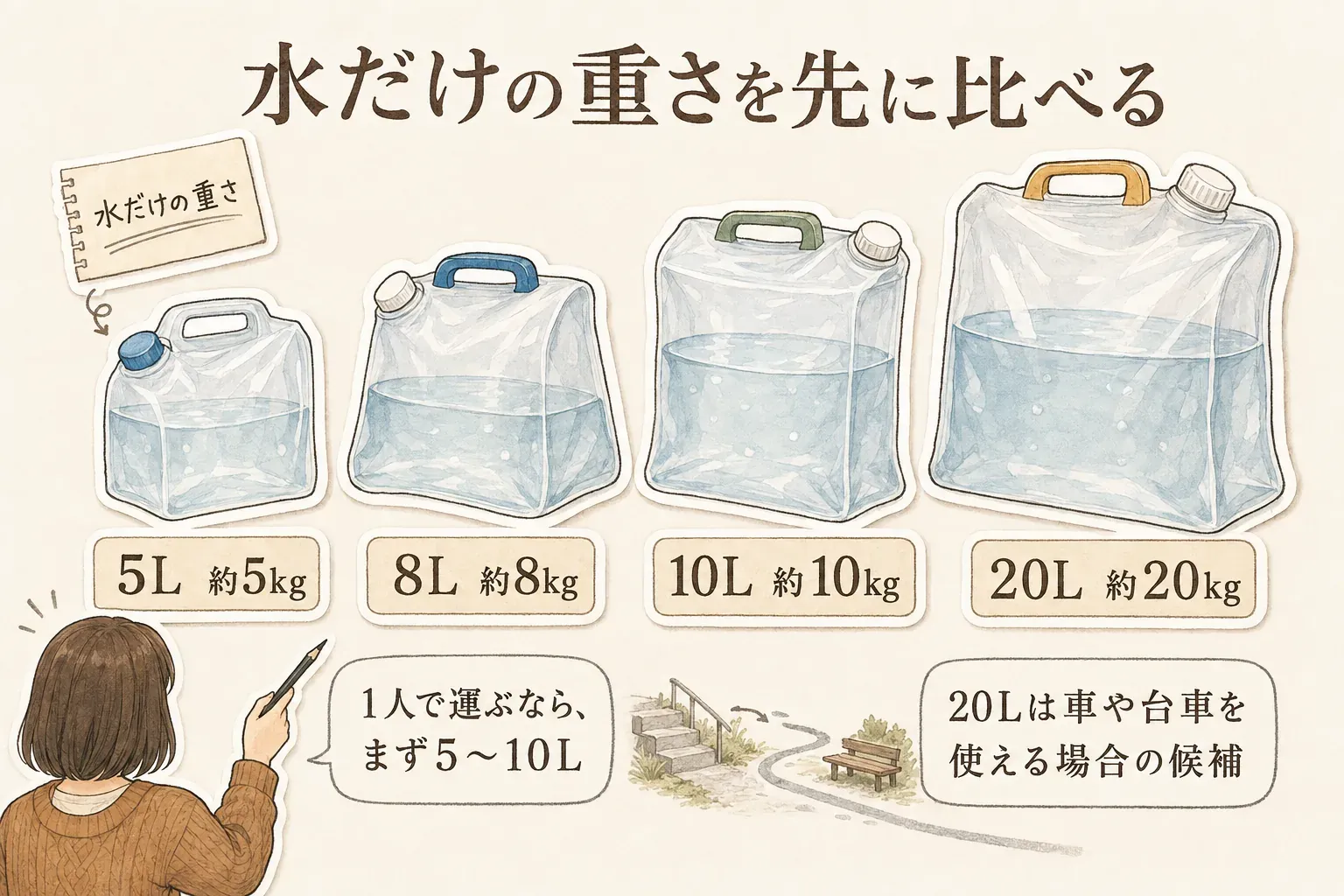 折りたたみウォータータンクの水だけの重さを比較する図。5Lは約5kg、8Lは約8kg、10Lは約10kg、20Lは約20kgで、1人で運ぶならまず5〜10L、20Lは車や台車を使える場合に検討するよう示している