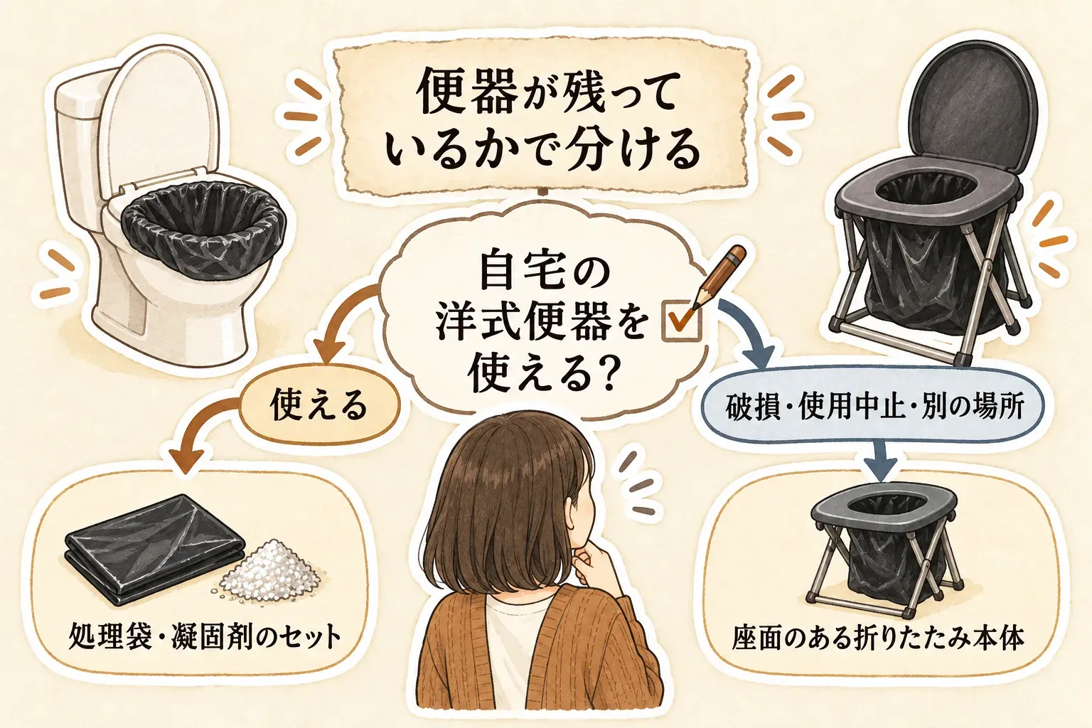 非常用トイレの役割を便器の状態で選ぶ図。洋式便器が使える場合は排便袋・凝固剤の処理セット、便器が破損・使用中止の場合は折りたたみ式の便座付き本体を選び、高齢者や腰・膝に不安がある場合は座面の広さと立ち座りやすさ、玄関収納や車載をしたい場合は折りたたみ時の高さと重量を確認するよう示している。内閣府「避難所におけるトイレの確保・管理ガイドライン」を参照