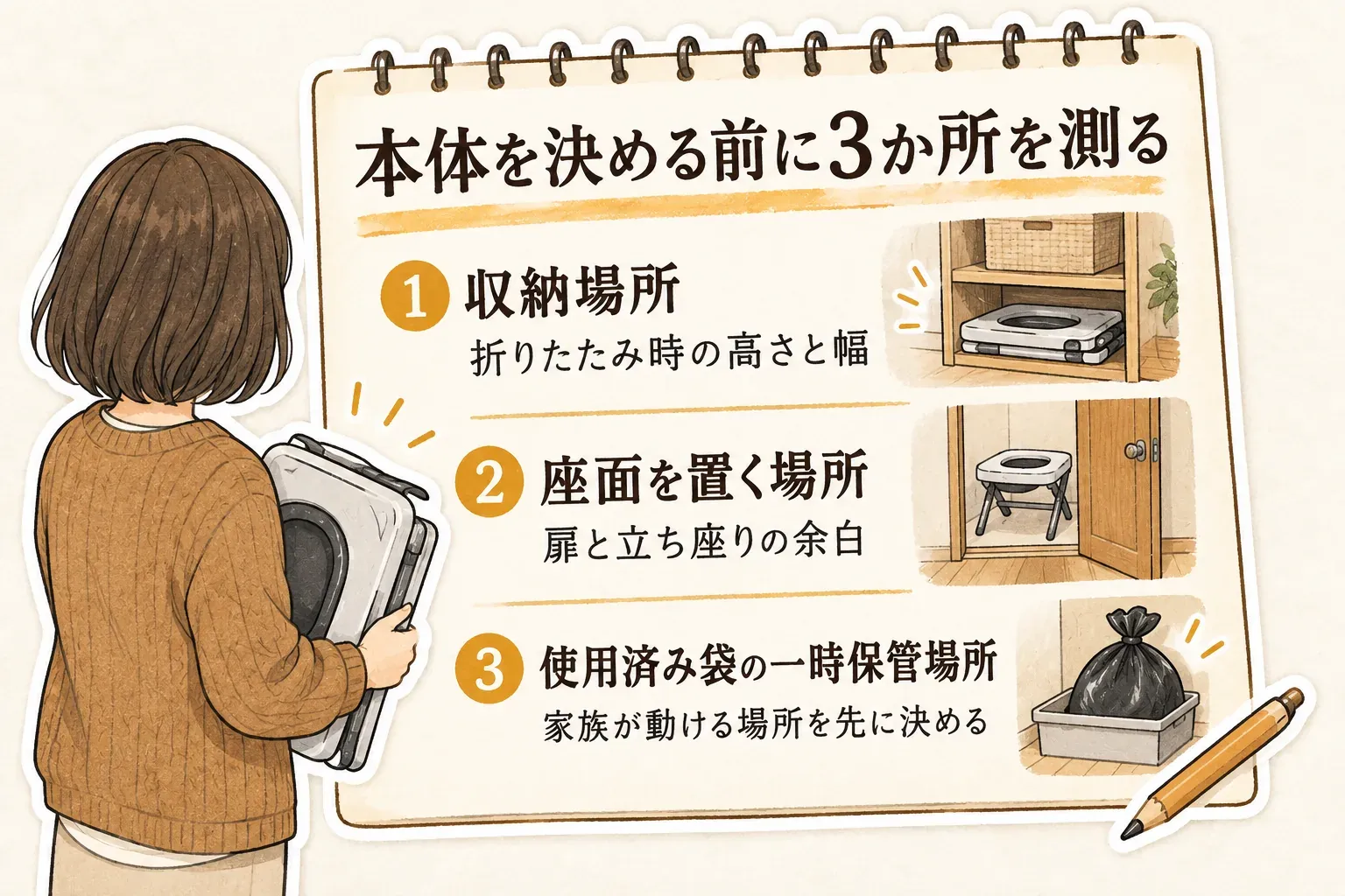 折りたたみ非常用トイレを家族で使う前に確認する3か所の図。収納場所では折りたたみ時の高さと袋・凝固剤・手袋を同じ場所に置けるか、座面を置く場所では扉が開き横から座れるか、使用後の袋の一時保管場所では袋を結んで置く動線があるかを確認するよう示している