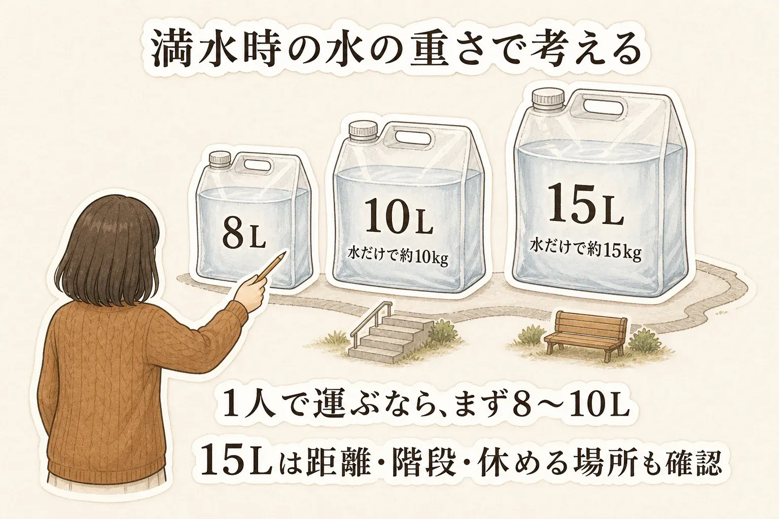 満水時の水の重さで折りたたみウォータータンクの容量を考える図。8L・10L・15Lのタンクを並べ、10Lは水だけで約10kg、15Lは水だけで約15kgと示し、1人で運ぶならまず8〜10L、15Lは給水所からの距離・階段・休める場所も確認するよう案内している