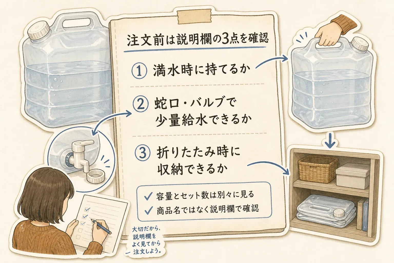 折りたたみウォータータンクを注文する前に説明欄で確認する3点の図。満水時に持てるか、蛇口・バルブで少量給水できるか、折りたたみ時に収納できるかを示し、容量とセット数は別々に見て商品名ではなく説明欄で確認するよう案内している