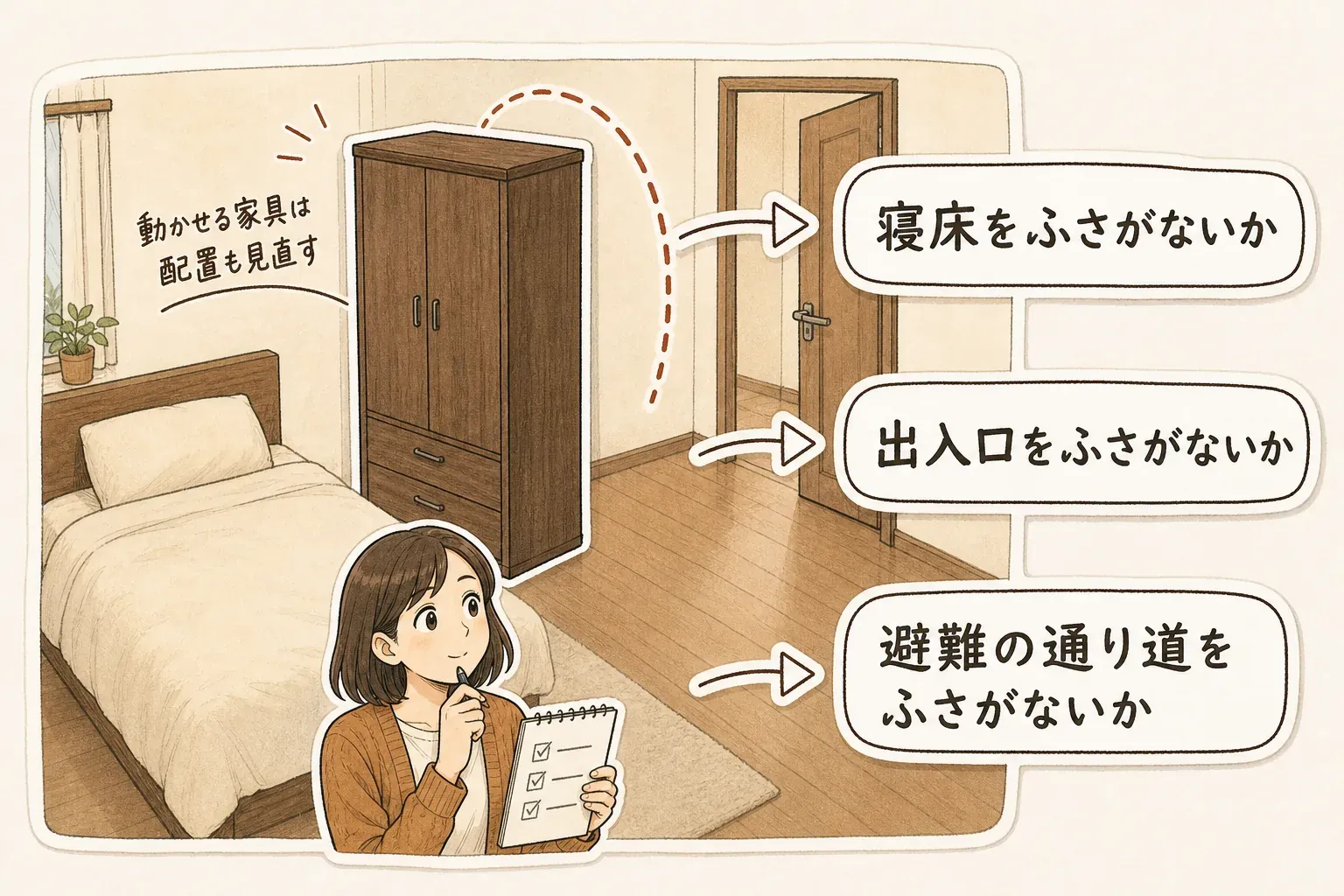 背の高い家具が倒れた場合に、寝床、出入口、避難の通り道をふさがないかを確認する図。家具を移動できる場合は配置を変え、家具の上に重い物を置かず、扉の飛び出し対策も組み合わせることを示している