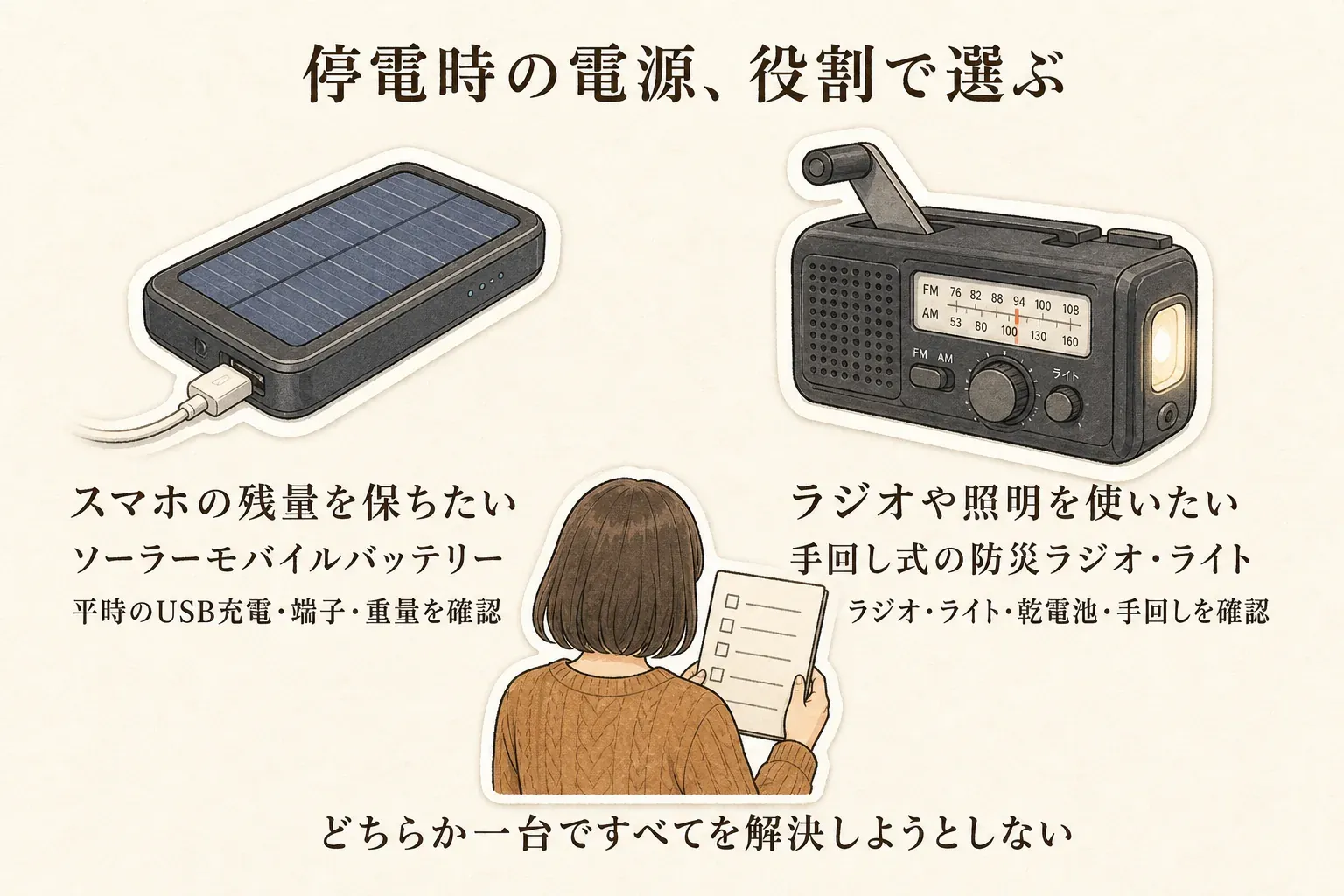 停電時の電源を役割で選ぶ図。スマホの残量を保ちたい場合は、平時にUSBで充電し端子と重量を確認したソーラーモバイルバッテリーを使い、ラジオや照明を使いたい場合は、ラジオ・ライト・乾電池・手回しを確認した手回し式の防災ラジオ・ライトを使う。どちらか一台ですべてを解決しようとしないよう示している