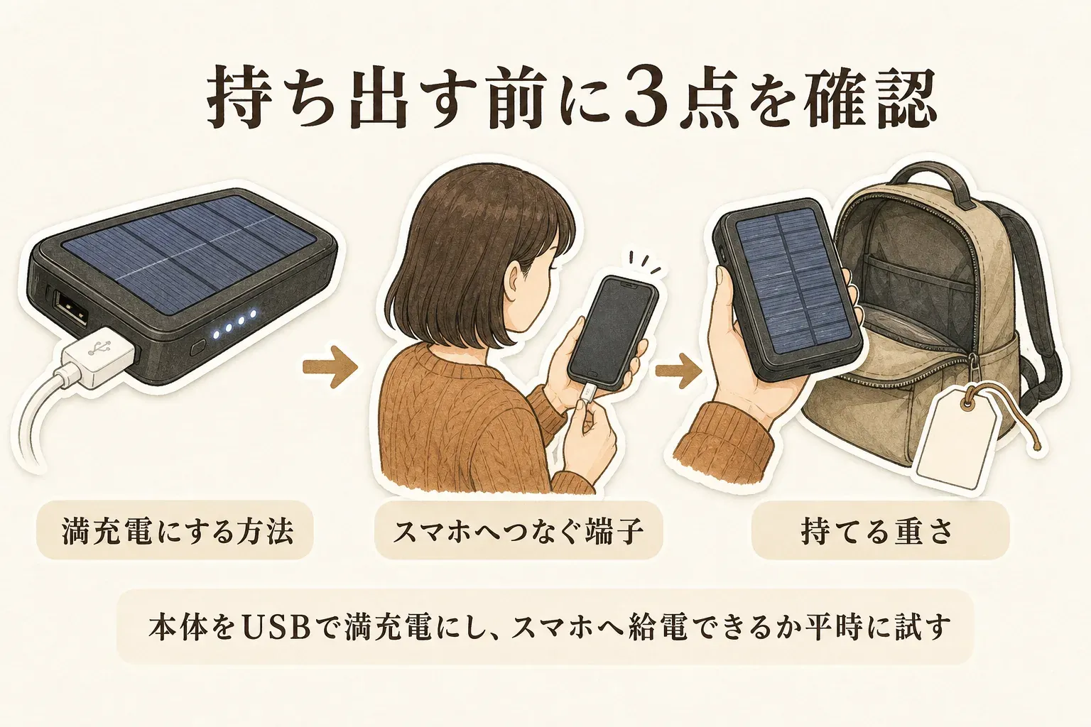 ソーラーモバイルバッテリーを持ち出す前の3つの確認点を示す図。満充電にする方法、スマホへつなぐ端子、持てる重さを確認し、本体をUSBで満充電にしてスマホへ給電できるか平時に試すよう案内している