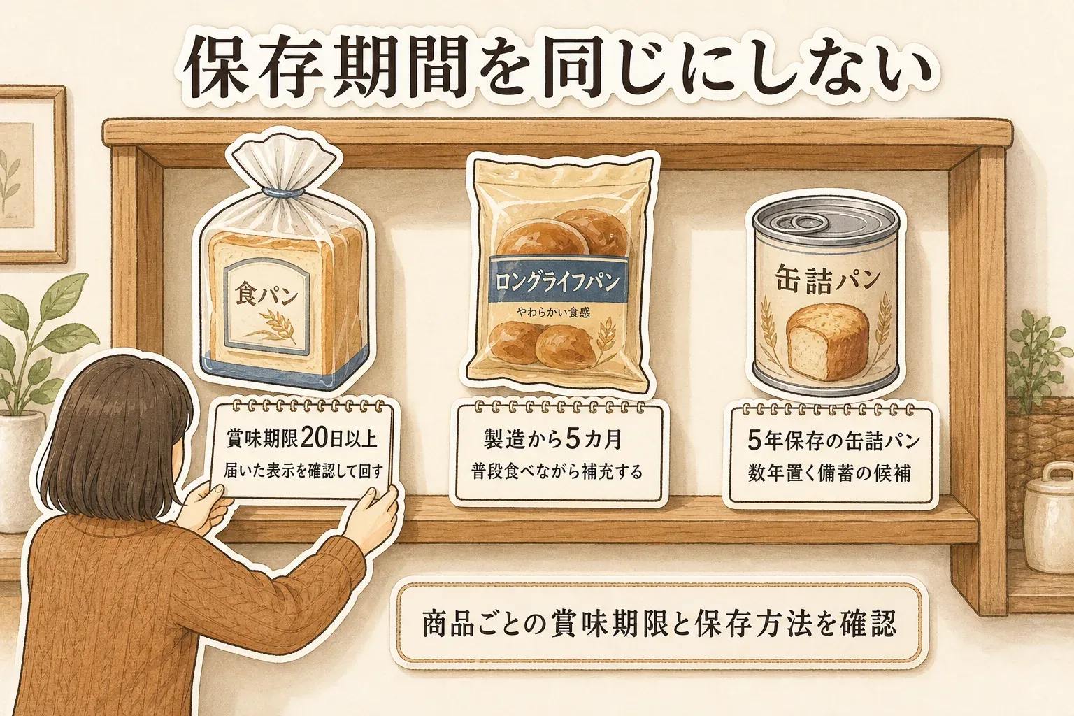 食パンは賞味期限20日以上で届いた表示を確認して回し、ロングライフパンは製造から5カ月で普段食べながら補充し、缶詰パンは5年保存で数年置く備蓄の候補として、商品ごとの賞味期限と保存方法を確認する図