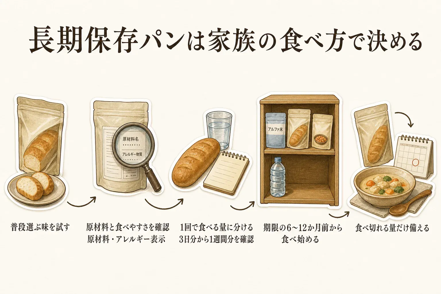 長期保存パンを家族の食べ方で選ぶ5つの手順を示す図。普段選ぶ味を試し、原材料と食べやすさを確認し、1回で食べる量に分け、アルファ米・レトルトおかず・水と合わせて3日分から1週間分を確認し、期限の6〜12か月前から食べ始めて食べ切れる量だけ備える流れ