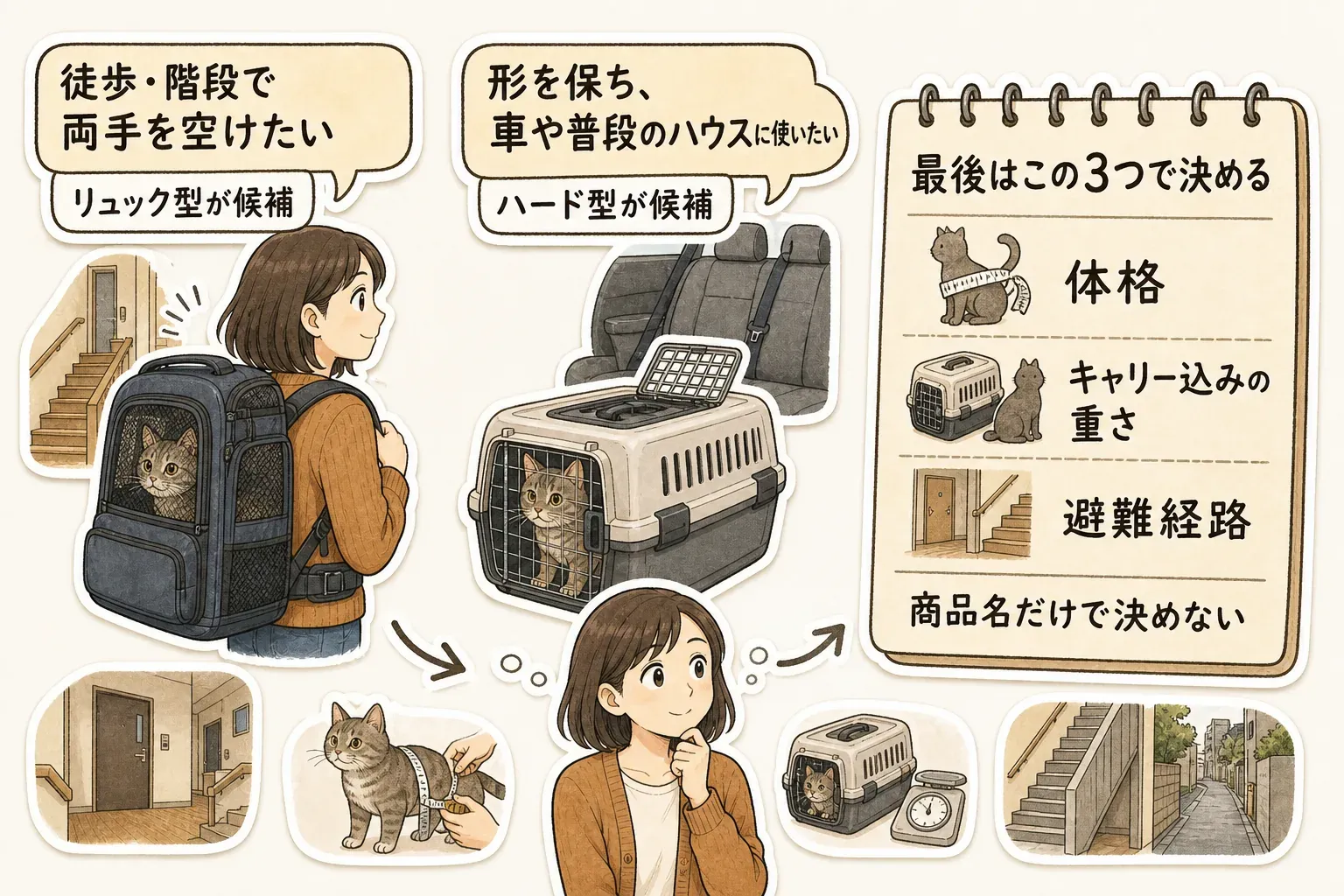 同行避難用キャリーを選ぶときの確認項目を、徒歩・階段、ペットの姿勢、逸走防止、避難先での待機、汚れた後の手入れの5場面で、リュック型とハード型に分けて整理した図