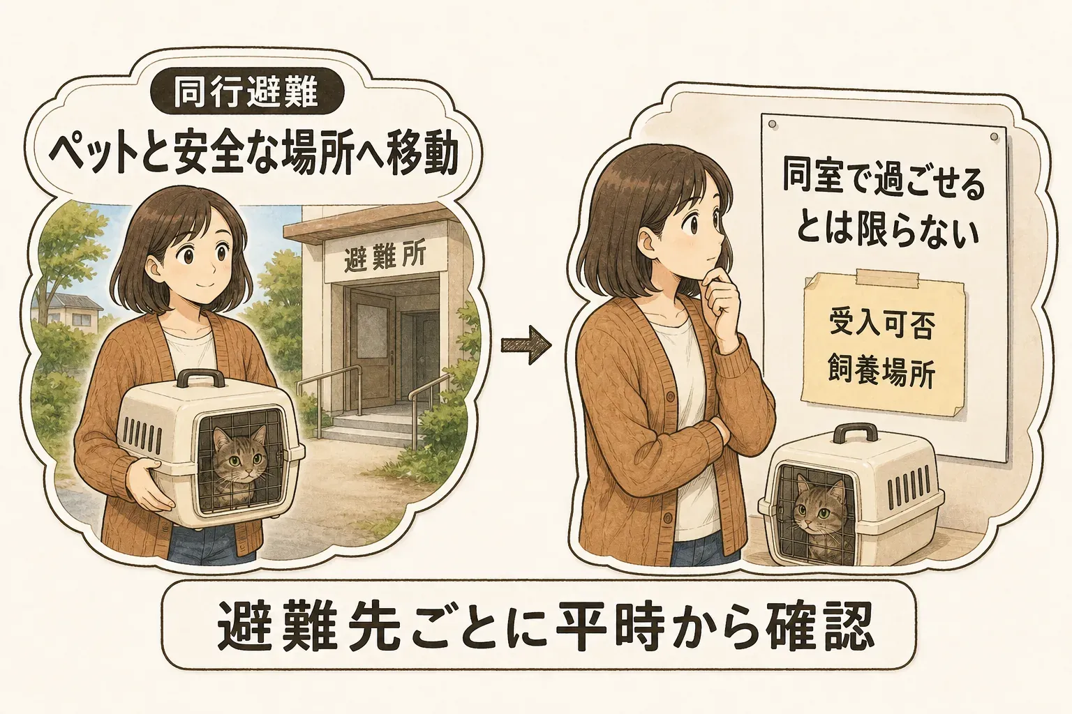 ペットの同行避難は飼い主が猫や犬と安全な場所まで一緒に移動する行動であり、避難所で人とペットが同じ部屋で過ごせることとは別であることを示す図。避難先ごとにペットの受入可否と飼養場所を確認し、自宅・指定避難所・一時預け先の複数の行き先を用意する