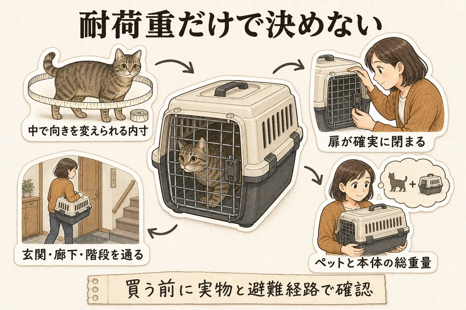 同行避難用キャリーを選ぶ際に確認する4項目を示す図。ペットが中で無理なく方向転換できる内寸、扉が確実に閉まること、ペットを入れた総重量を飼い主が運べること、玄関・廊下・階段などの避難経路を通れる外寸を確認する