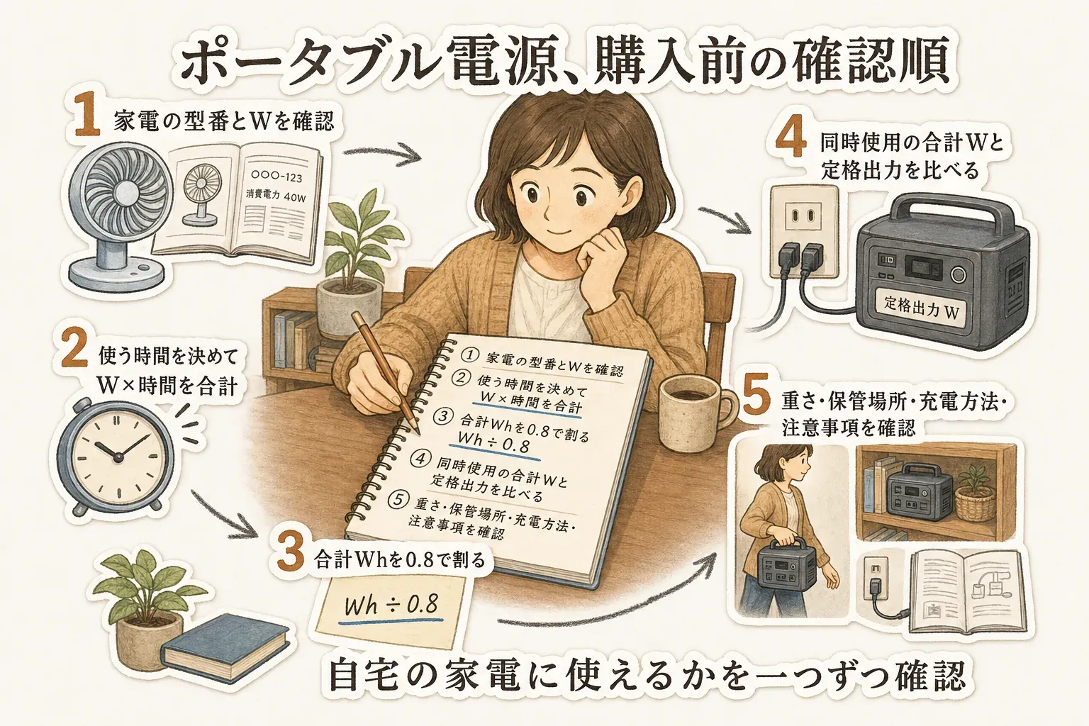 ポータブル電源の購入前に、家電の型番と消費電力（W）の確認、使用時間を決めたW×時間の合計、合計Whを0.8で割る計算、同時使用の合計Wと定格出力の比較、重さ・保管場所・充電方法・注意事項の確認を順に行う図