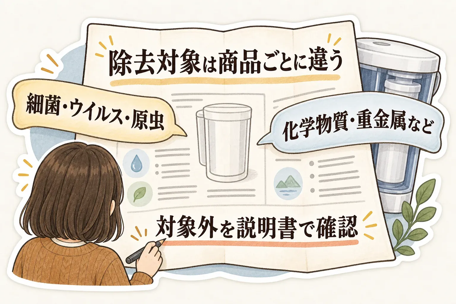 携帯浄水器の除去対象は商品ごとに異なり、細菌・ウイルス・原虫と化学物質・重金属などについて、対象外を取扱説明書で確認することを示す図
