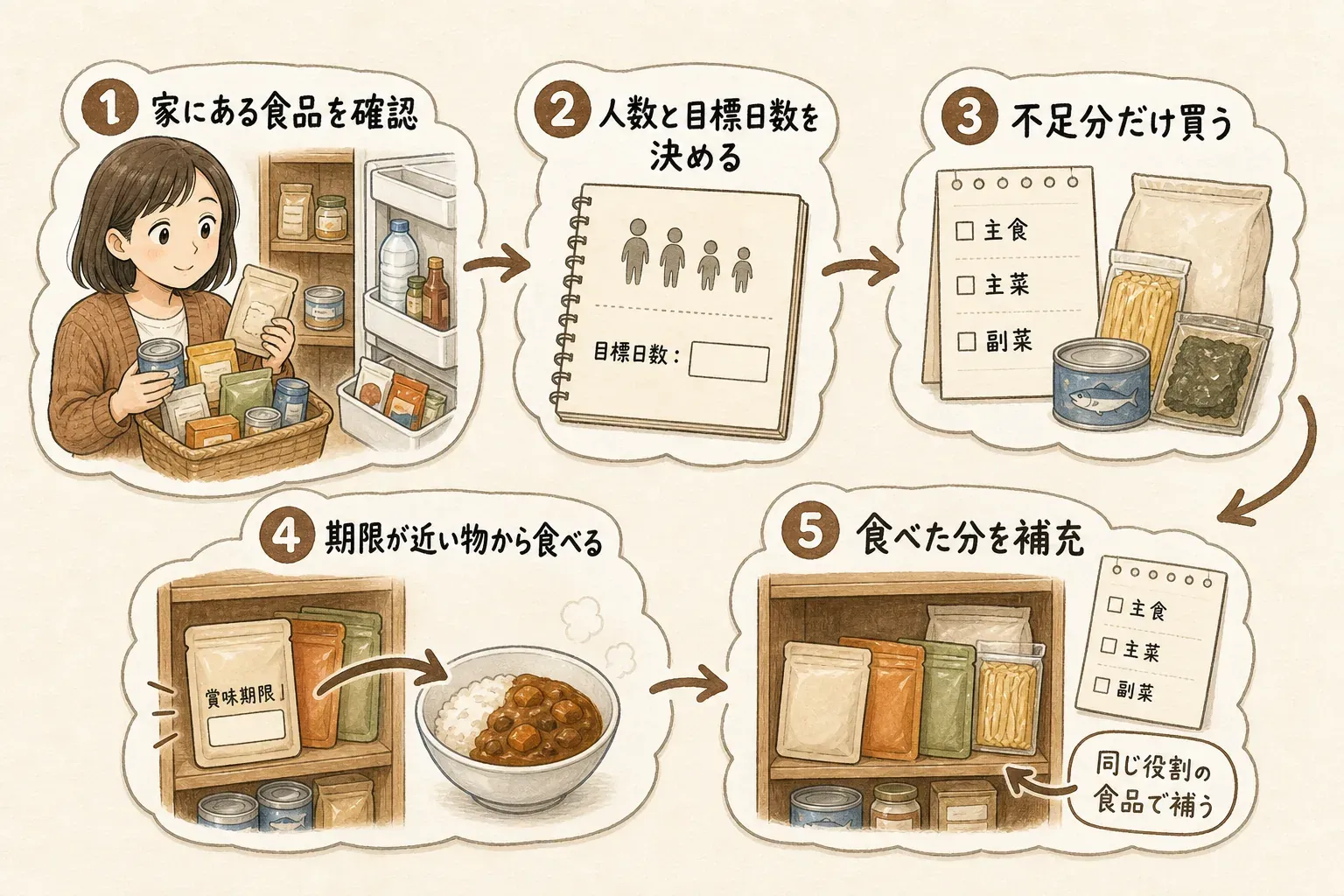 ローリングストックを始める5つの手順。家にある食品を集めて確認し、家族の人数と備える日数を決め、主食・主菜・副菜の不足分を買い、期限が近い食品から食べ、食べた分を補充する流れを示す図。出典：農林水産省「災害時に備えた食品ストックガイド」