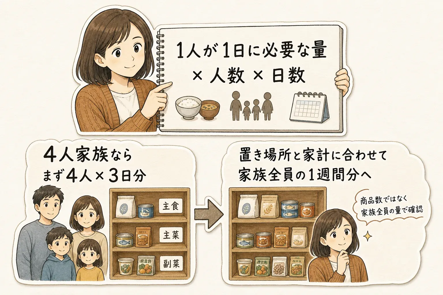 家族の人数に合わせた食品備蓄量の考え方。1人・2人・3人・4人・5人の各世帯について、1人が1日に必要な量に人数と日数を掛けて、最低3日分と1週間分を計算することを示す図