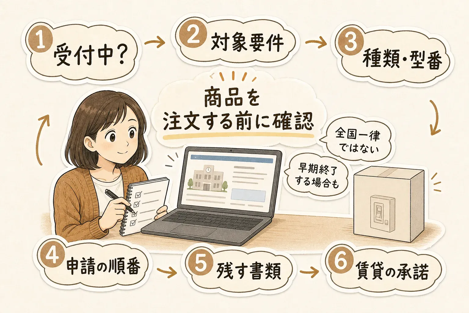 感震ブレーカーの補助金を使う前に、自治体公式ページで受付中かを確認し、対象者と対象製品・型番、購入前申請か購入後申請か、領収書・製品情報・工事証明書などの必要書類、賃貸住宅での所有者承諾を注文前に順番に確認する図