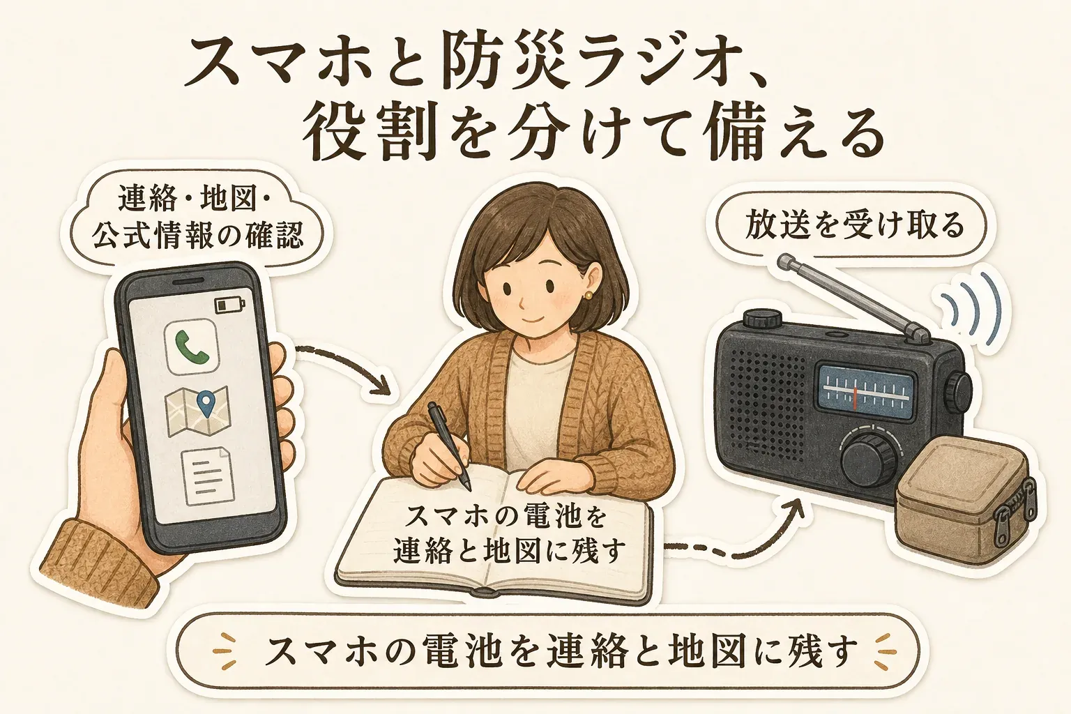 スマホと防災ラジオの役割分担を示す図。スマホは連絡・地図・公式情報の確認に使い、電池を連絡と地図に残し、防災ラジオは放送を受け取る手段として使う