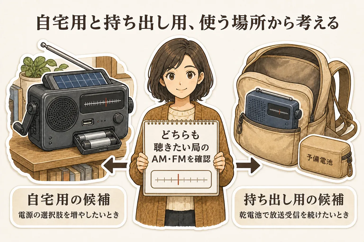 防災ラジオを使う場所で選ぶ図。自宅用の候補は電源の選択肢を増やしたいときの手回し・ソーラー・乾電池対応ラジオ、持ち出し用の候補は予備電池と一緒に乾電池で放送受信を続けたいときの小型ラジオで、どちらも聴きたい局のAM・FMの周波数を確認する