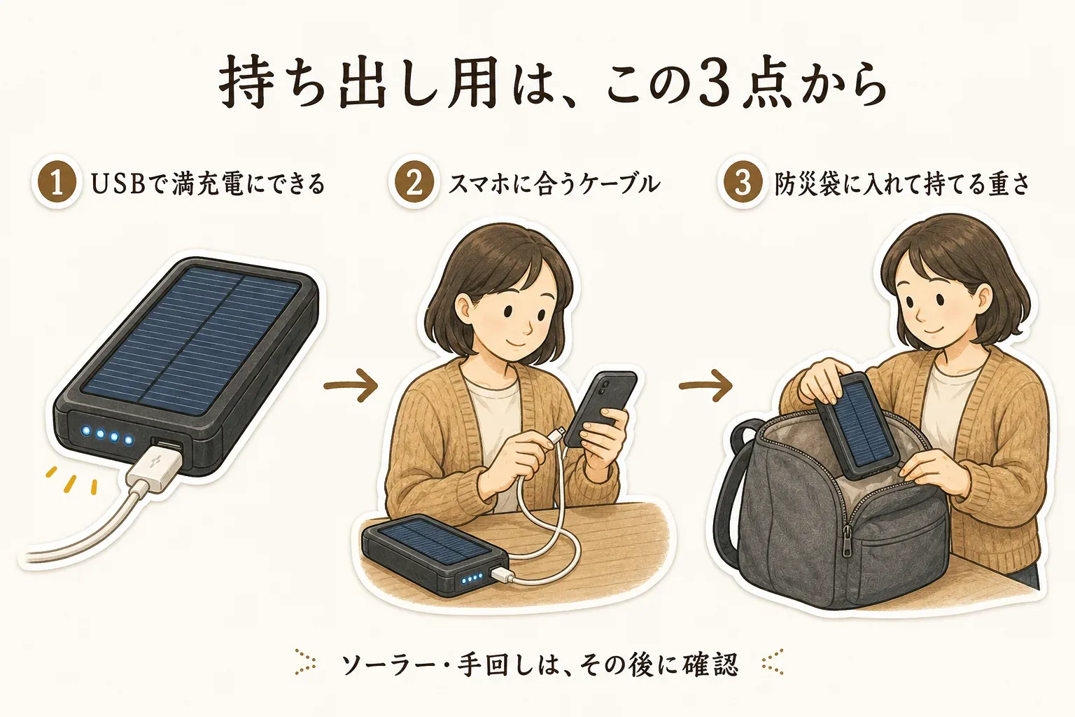 持ち出し用のソーラーモバイルバッテリーを選ぶ3点を示す図。USBで満充電にできること、スマホに合うケーブルであること、防災袋に入れて持てる重さであることを順に確認し、ソーラー・手回し機能はその後に確認することを示している