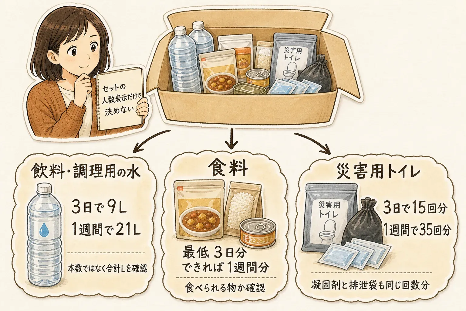 防災セットは人数表示だけで決めず、飲料・調理用の水、食料、災害用トイレの3項目を別々に確認する図。水は1人で3日9L・1週間21Lを合計量で確認し、食料は最低3日分・できれば1週間分で食べられる物かを確認し、トイレは3日15回分・1週間35回分で凝固剤と排泄袋も同じ回数分を確認する