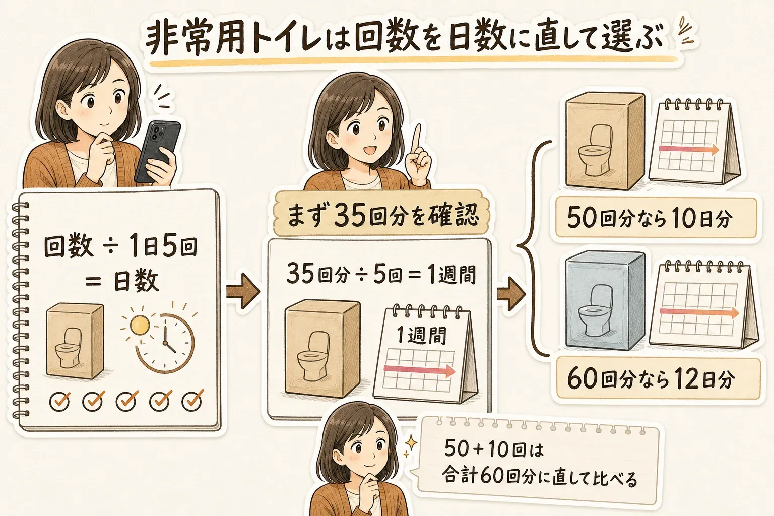 非常用トイレは回数を1日5回で割って日数に直して選ぶ図。まず35回分を確認し、35回分は1週間、50回分は10日分、60回分は12日分に相当する。「50＋10回」は合計60回分として比べることを示している