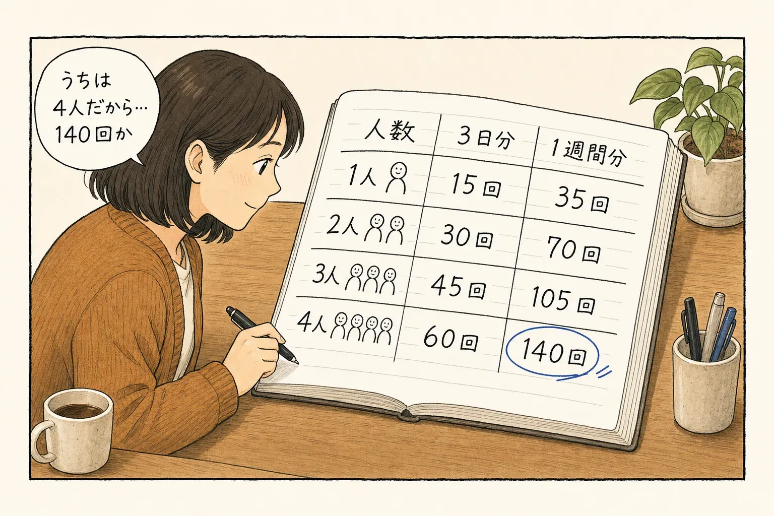 人数別の必要回数早見表。1人は3日分15回・1週間分35回。2人は3日分30回・1週間分70回。3人は3日分45回・1週間分105回。4人は3日分60回・1週間分140回