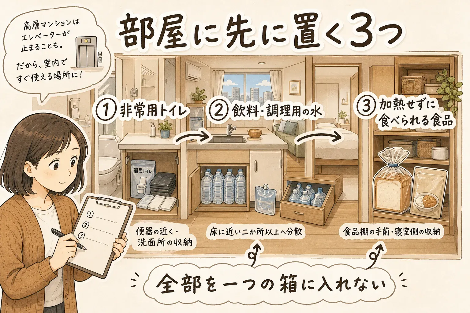 タワーマンション高層階で部屋に先に置く備蓄の優先順位を示す図。1番目は便器の近く・洗面所の収納に置く非常用トイレ、2番目は床に近い2か所以上へ分散する飲料・調理用の水、3番目は食品棚の手前・寝室側の収納に置く加熱せずに食べられる食品で、全てを一つの箱に入れないよう案内している
