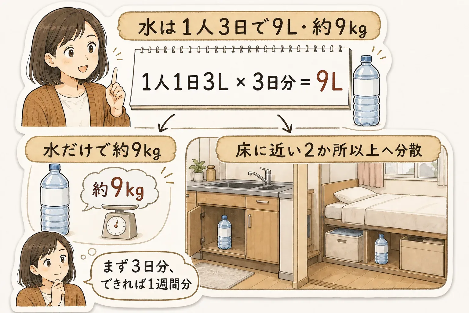 高層階で備蓄する水の量と置き方を示す図。1人1日3リットルを3日分で9リットル、重さは約9キログラムとなるため、まず3日分・できれば1週間分を目安に、キッチン収納の下段やベッド下など床に近い2か所以上へ分散して保管する