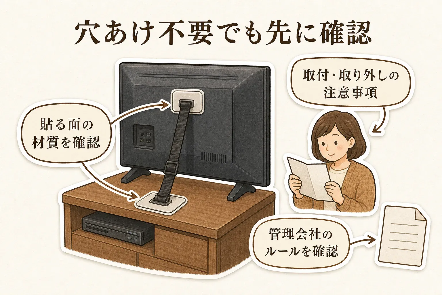 粘着式テレビ転倒防止ベルトについて、テレビ裏とテレビ台で貼る面の材質、取付・取り外し時の注意事項、管理会社のルールを確認する図