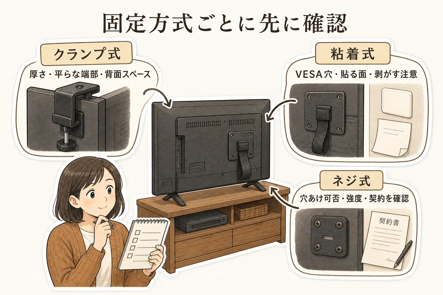 テレビ転倒防止ベルトの固定方式ごとに確認する条件を示す図。クランプ式はテレビ台の厚さ・平らな端部・背面スペース、粘着式はテレビ背面のVESA穴・貼り付け面・剥がす際の注意、ネジ式は穴あけの可否・取付先の強度・賃貸借契約を確認する