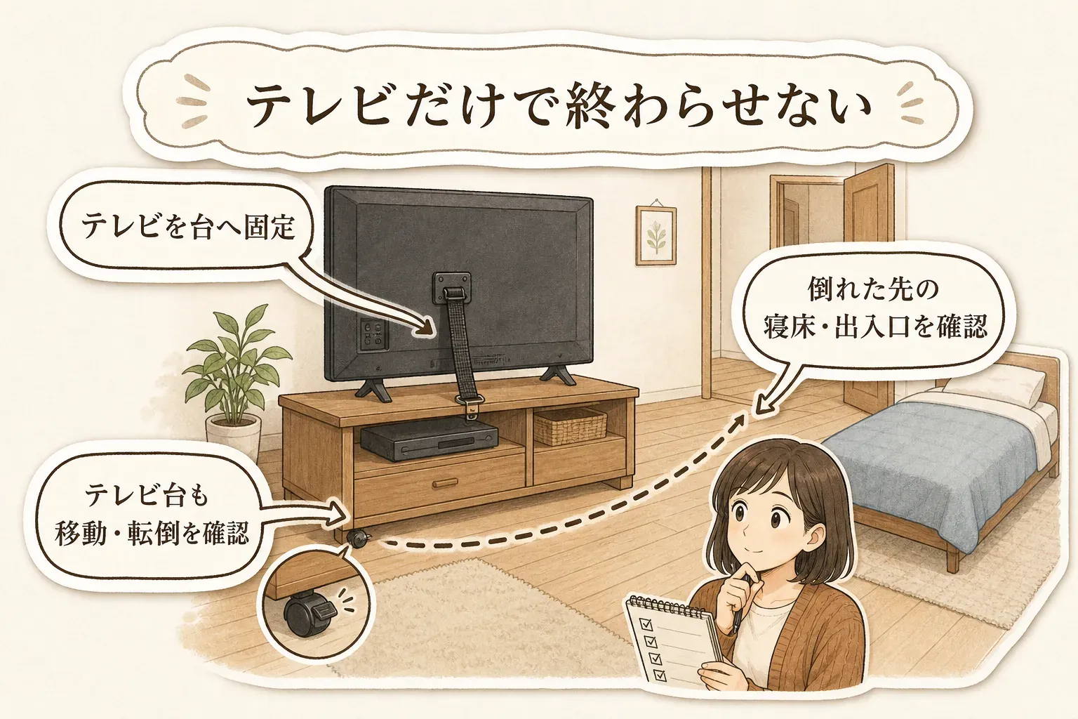 テレビを台へ固定するだけで終わらせず、テレビ台自体の移動・転倒を確認し、キャスターを確認するとともに、テレビやテレビ台が倒れる先の寝床・出入口を確認する図。政府広報オンラインと東京消防庁の家具転倒防止の案内を踏まえた内容