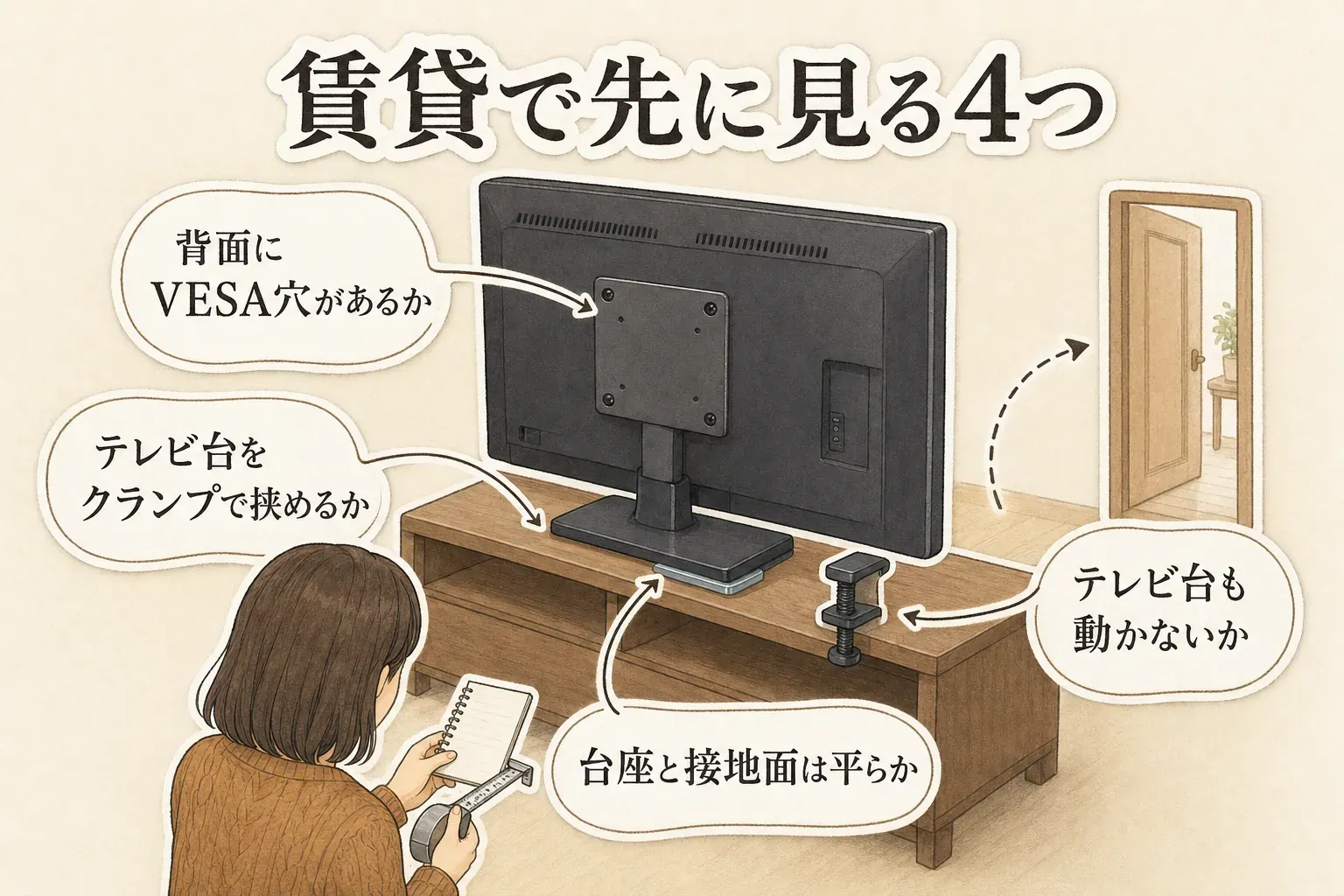 賃貸でテレビを固定する前に確認する4点を示す図。テレビ背面のVESA穴、テレビ台をクランプで挟めるか、テレビの台座とテレビ台の接地面が平らか、テレビ台自体が動かないかを、テレビとテレビ台のイラストで説明している